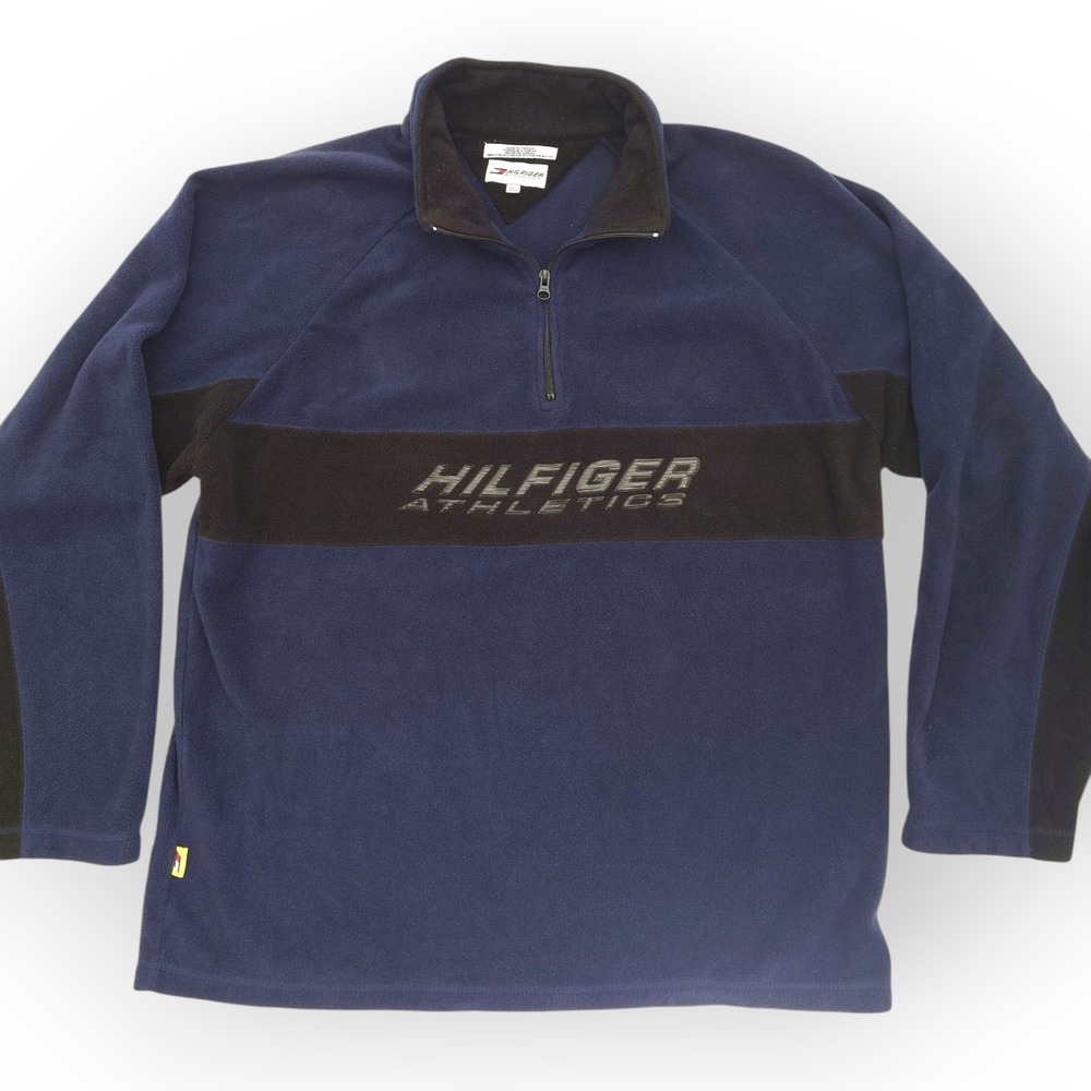 Vintage Tommy Hilfiger Athletics 2XL Blue &Black 1/4 Zip Pullover Fleece Sweater